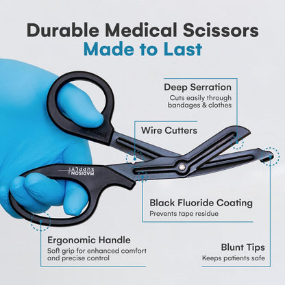 Madison Supply Medical Scissors, EMT and Trauma Shears - 7.5-Inch Bandage Scissors, Stainless Steel Medical Shears - Fluoride-Coated Blades for First Responders, Nurses, and Doctors (2 Pack, Black)