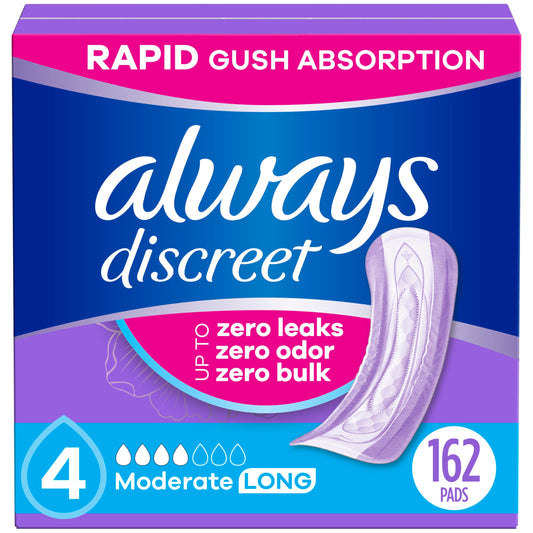 Always Discreet Adult Incontinence Pads for Women, Drier vs Poise, 4 Drop Long Length, Moderate Absorbency, Pads for Bladder Control Management, Bladder Leaks, & Postpartum Pads, 162ct