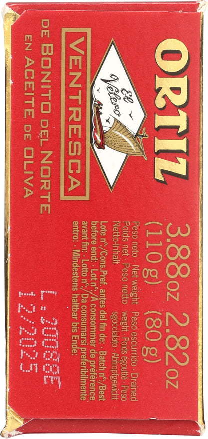 Ortiz Ventresca White Tuna Belly in Olive Oil, Tender Buttery Fillets with Exquisite Flavor, Superior Wild Caught Tuna Packed in Delicate Spanish Olive Oil, 3.88oz Can (Pack of 1)