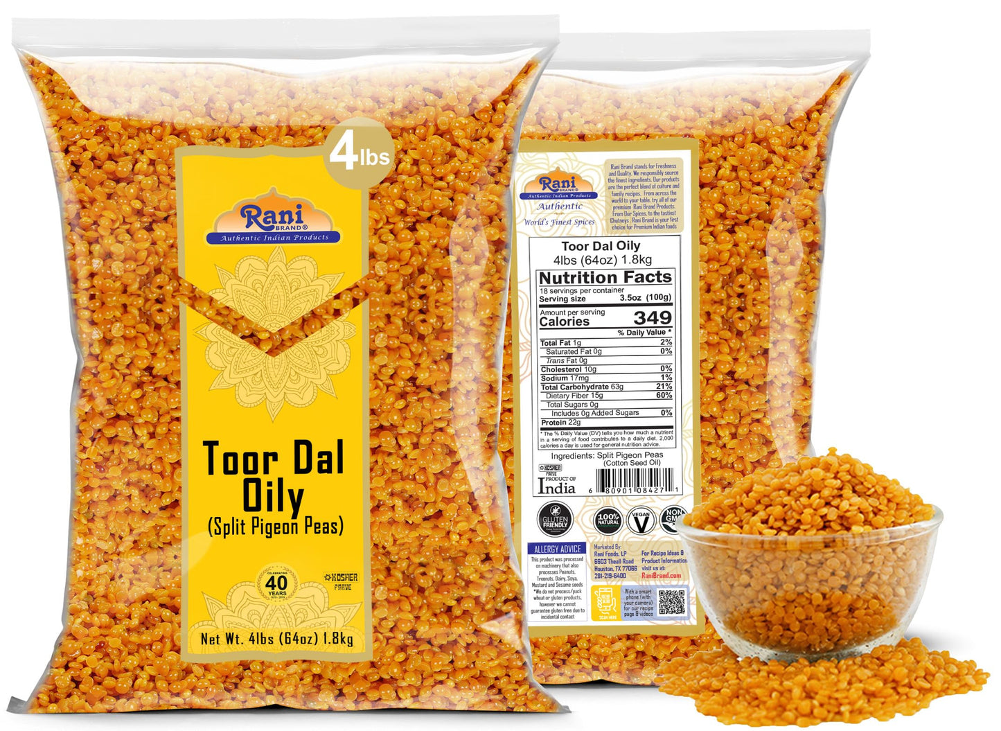 Rani Toor Dal (Split Pigeon Peas) Oily, 64oz (4lbs) 1.81kg Bulk ~ All Natural | Gluten Friendly | NON-GMO | Vegan | Indian Origin