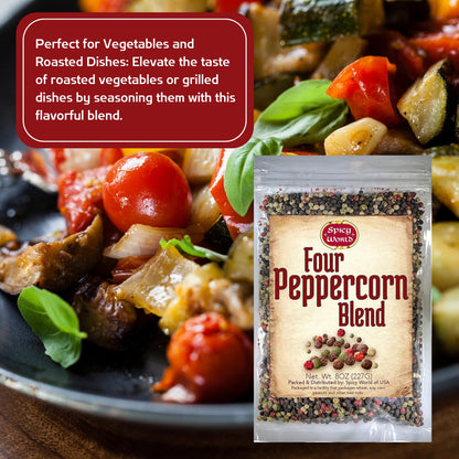 Spicy World Four Peppercorn Rainbow Blend in Resealable Bag – Perfect Flavor Blend - NON-GMO, Steam Sterilized - Whole Black, Whole Green, Whole White & Whole Pink Peppercorns, 8 Oz