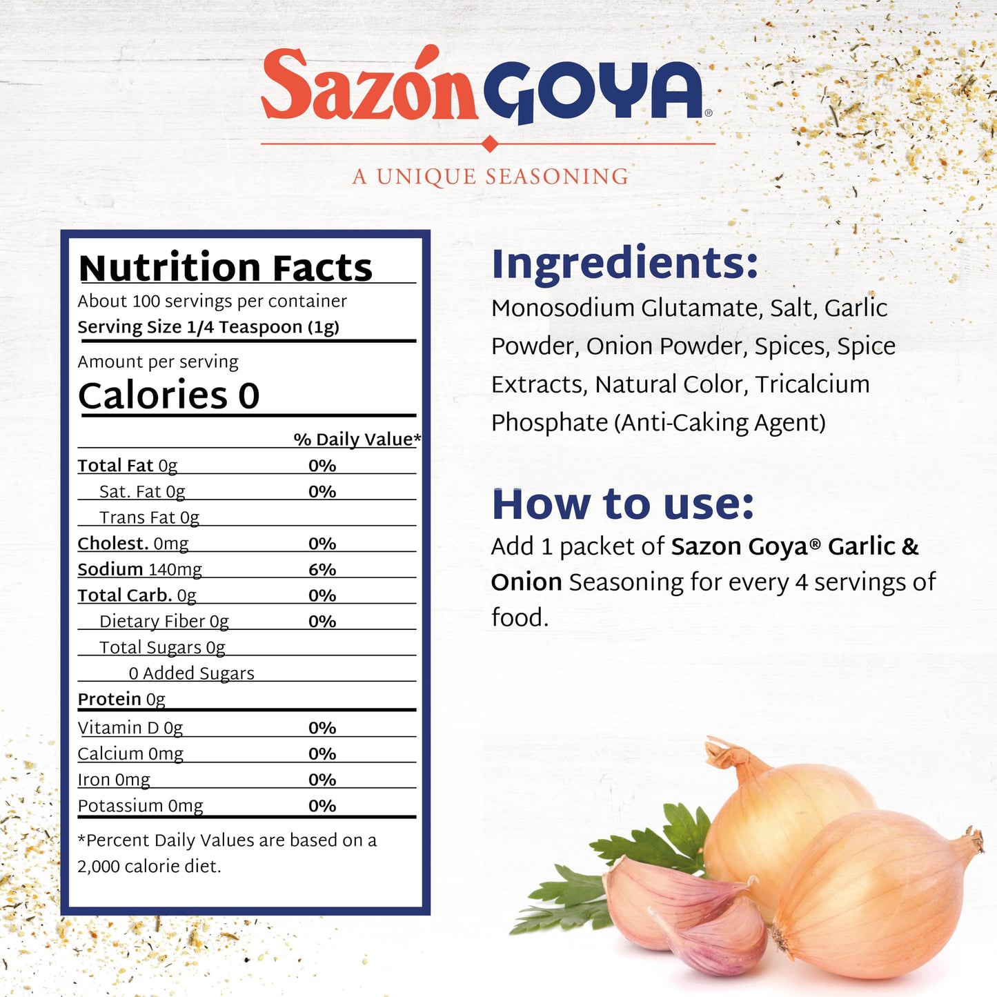 Sazón with Garlic and Onion by Goya, Latin Spice Blend for Poultry, Seafood, Meat and Vegetables, All Purpose Mexican Seasoning, 3.52oz Carton