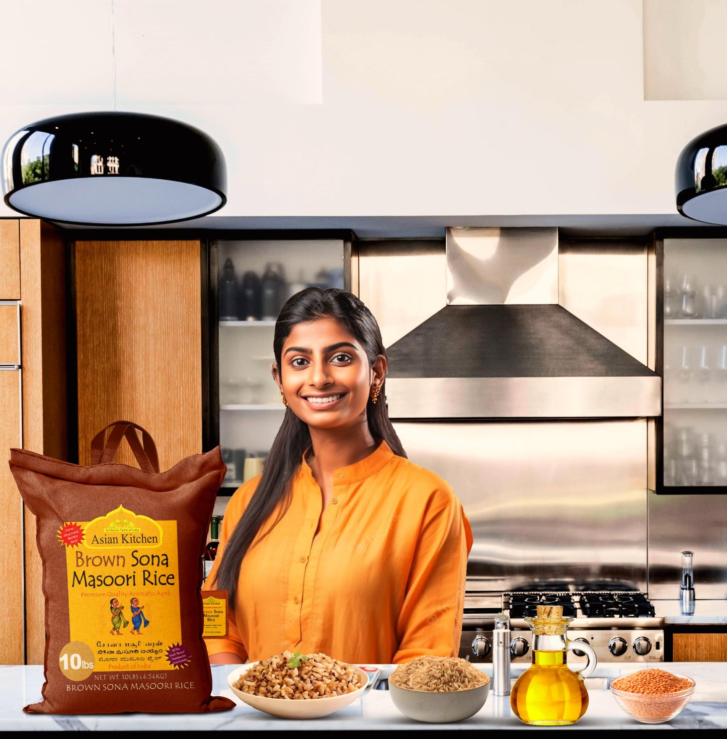 Asian Kitchen Brown Sona Masoori Aged Rice 10-Pound Bag, 10lbs (4.54kg) Short Grain Rice ~ All Natural | Gluten Friendly | Vegan | Indian Origin | Export Quality