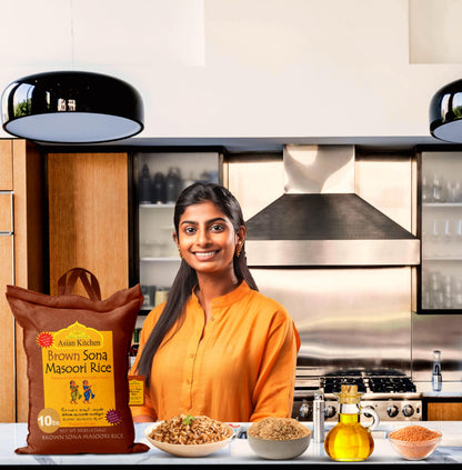 Asian Kitchen Brown Sona Masoori Aged Rice 10-Pound Bag, 10lbs (4.54kg) Short Grain Rice ~ All Natural | Gluten Friendly | Vegan | Indian Origin | Export Quality