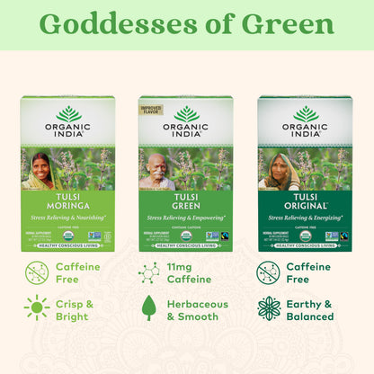 ORGANIC INDIA Tulsi Green Tea Bags - Holy Basil Tea, African Basil, Stress Relieving, Immune Support, USDA Certified Organic, Premium Darjeeling Green Tea, Caffeinated - 18 Infusion Bags, 1 Pack