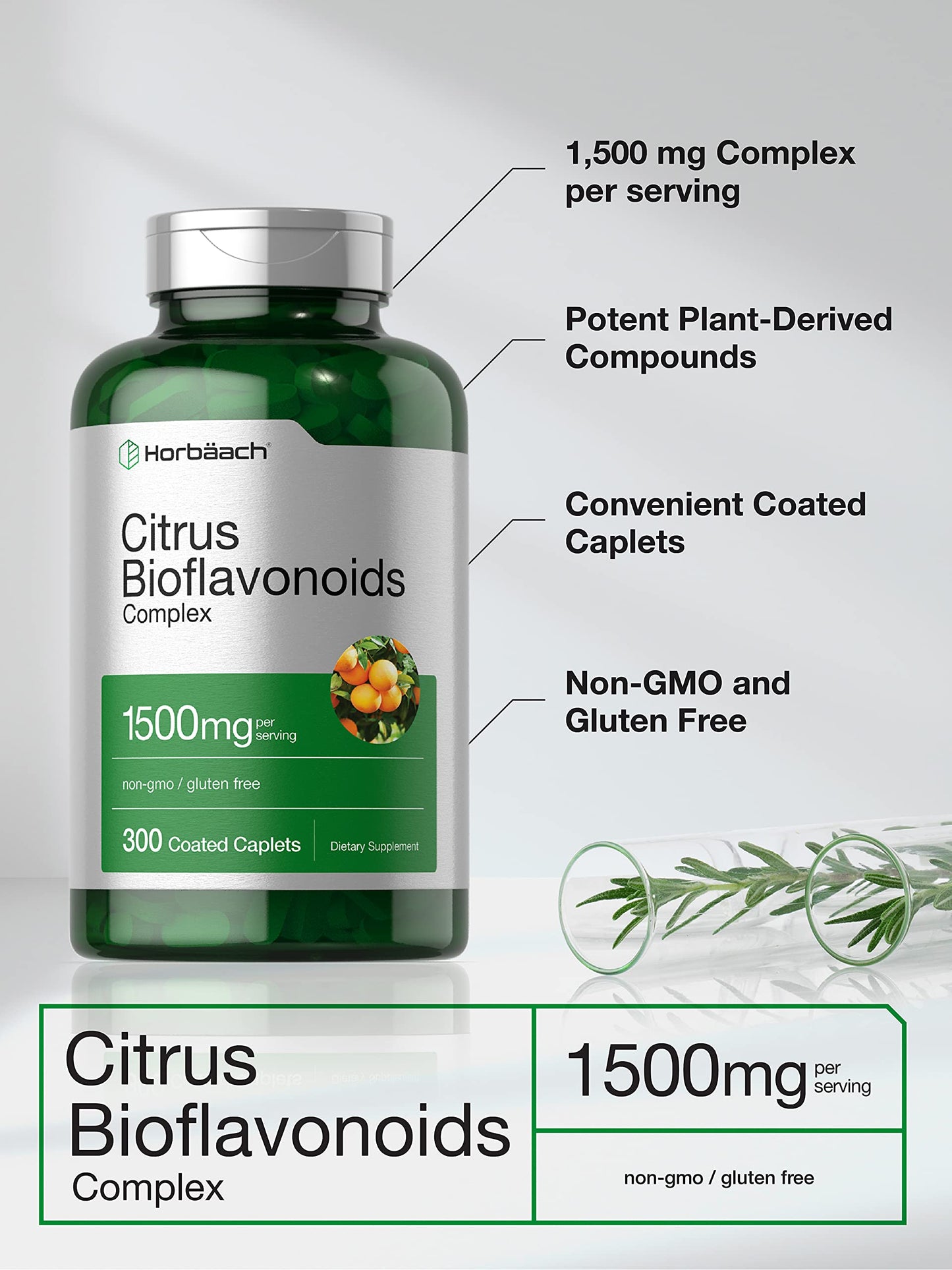Horbäach Citrus Bioflavonoids Supplement | 1500mg | 300 Caplets | Vegetarian, Non-GMO, and Gluten Free Formula | Value Size
