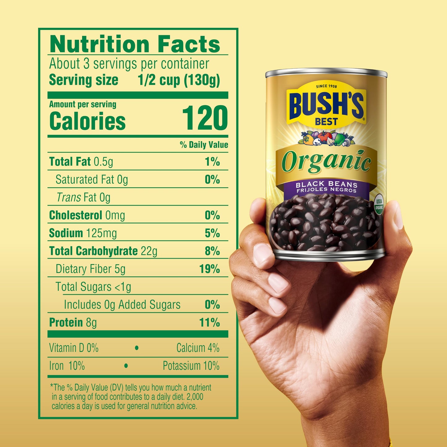 BUSH'S BEST 15 oz Canned Organic Black Beans, Source of Plant Based Protein and Fiber, Low Fat, Gluten Free, (Pack of 12)