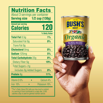 BUSH'S BEST 15 oz Canned Organic Black Beans, Source of Plant Based Protein and Fiber, Low Fat, Gluten Free, (Pack of 12)