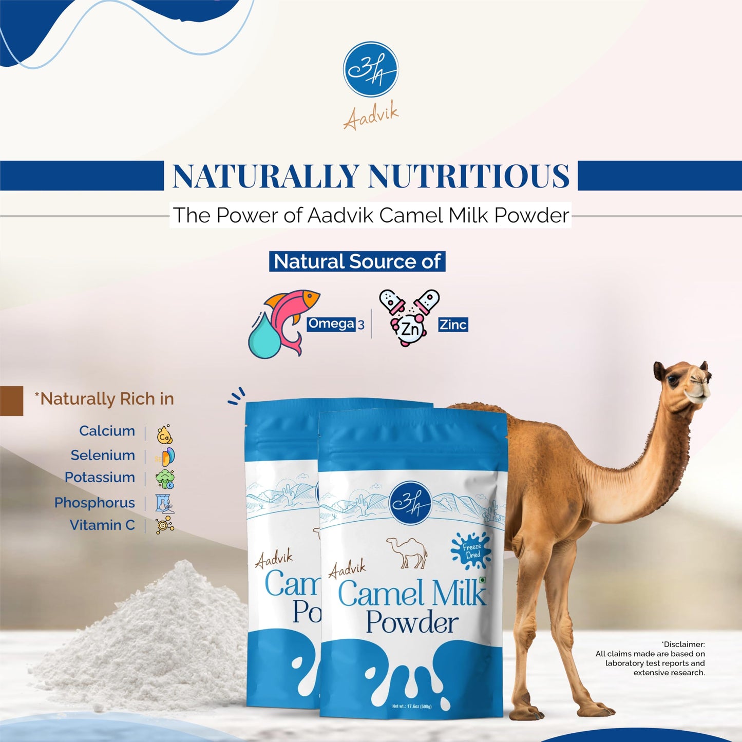 Aadvik Camel Milk Powder | Rich in Calcium for Strong Bones & Reduce the Risk of Osteoporosis | Source of Omega-3 Fatty Acids for Overall Health | Pure, Natural & Freeze-Dried 17.62 Oz