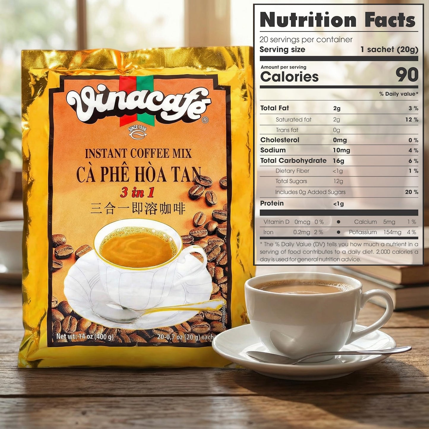 Vinacafe Instant Coffee Packets 3 in 1 Authentic Vietnamese Taste, Balanced Medium Roast Coffee Mix for Quick Preparation at Home, Office or Travel, Single Serve Sachets Pack of 5 | 20 Sachets Per Bag (100 Total Counts)