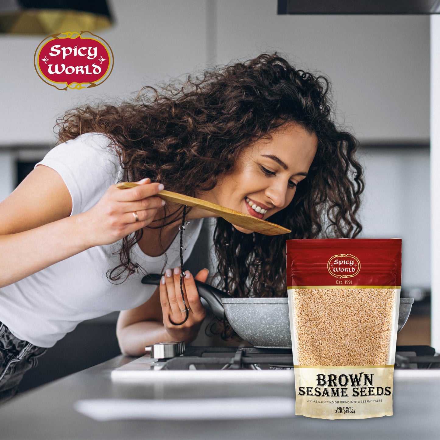 Spicy World Natural Brown Sesame Seeds 3 LB (48oz) - Non-GMO, Vegan, Raw, Unroasted, Unsalted, Plant-Based Protein, Source of Fiber & Iron, Ideal for Topping, Cooking & Baking