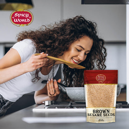 Spicy World Natural Brown Sesame Seeds 3 LB (48oz) - Non-GMO, Vegan, Raw, Unroasted, Unsalted, Plant-Based Protein, Source of Fiber & Iron, Ideal for Topping, Cooking & Baking