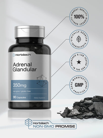 Horbäach Raw Adrenal Glandular | 350 mg | 90 Capsules | Non-GMO, Gluten Free Supplement