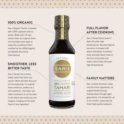 San-J - Organic Gluten Free Tamari Soy Sauce with 25% Less Sodium - Specially Brewed - Made with 100% Whole Soy - 10 oz. Bottle