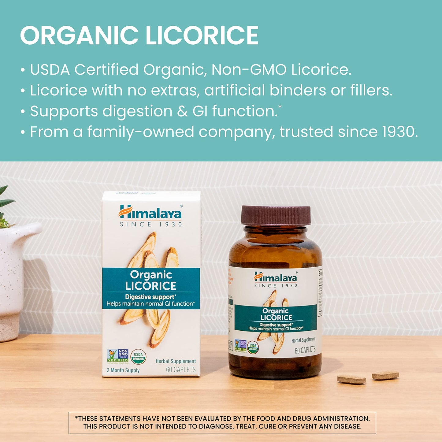 Himalaya Organic Licorice, 60 Day Supply - Digestive Health Supplement for Upset Stomach Relief and Occasional Bloating and Heartburn - USDA Organic, Vegan, Non-GMO, Non-DGL, Gluten Free, 60 Caplets