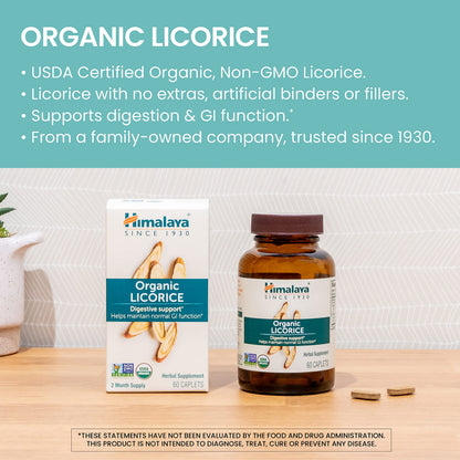 Himalaya Organic Licorice, 60 Day Supply - Digestive Health Supplement for Upset Stomach Relief and Occasional Bloating and Heartburn - USDA Organic, Vegan, Non-GMO, Non-DGL, Gluten Free, 60 Caplets