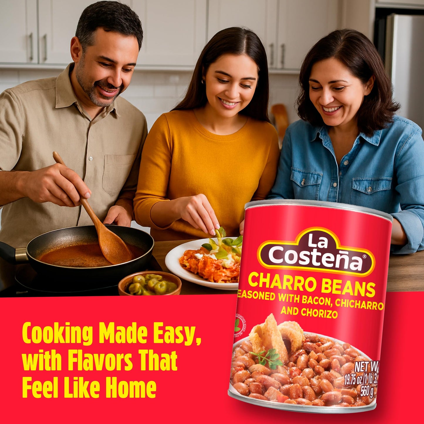 La Costeña Charro Beans - Ready-to-Eat Canned Pinto Beans with Chorizo, Bacon & Chicharrones - Mexican Food, Tex Mex, Chili Ingredients, Bean Dip, Bean Burger & Burrito - 19.75oz, 12 Pack Canned Food