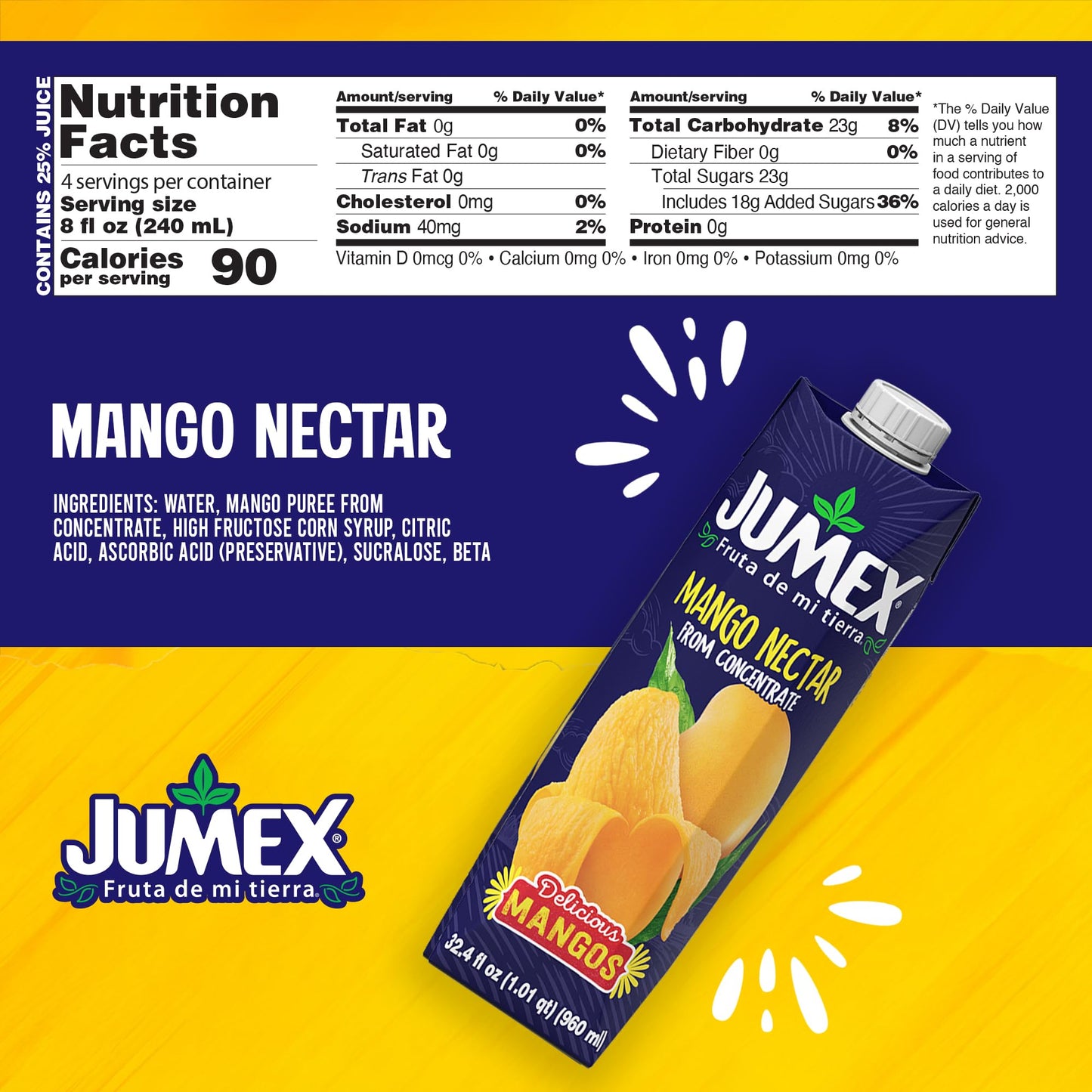 Jumex Mango Nectar - Mango Juice Nectar Made with Fresh Fruit Puree - Tropical Fruit Juice Concentrate for Smoothie Mix, Cocktail Mixers, Kids Drinks & Mexican Beverages - 32.4oz, 12 Pack Carton