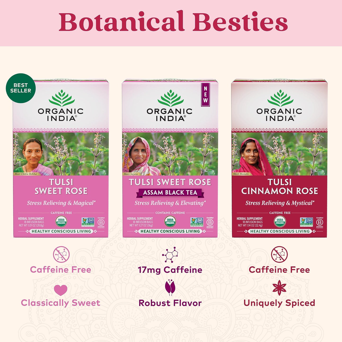 ORGANIC INDIA Tulsi Cinnamon Rose Tea Bags - Tulsi Rose Tea Bags, Cinnamon Tea Bags with Holy Basil, Chamomile, Stevia, USDA Certified Organic Caffeine Free Herbal Tea - 18 Infusion Bags, 6 Pack