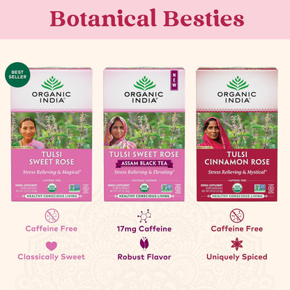 ORGANIC INDIA Tulsi Cinnamon Rose Tea Bags - Tulsi Rose Tea Bags, Cinnamon Tea Bags with Holy Basil, Chamomile, Stevia, USDA Certified Organic Caffeine Free Herbal Tea - 18 Infusion Bags, 6 Pack