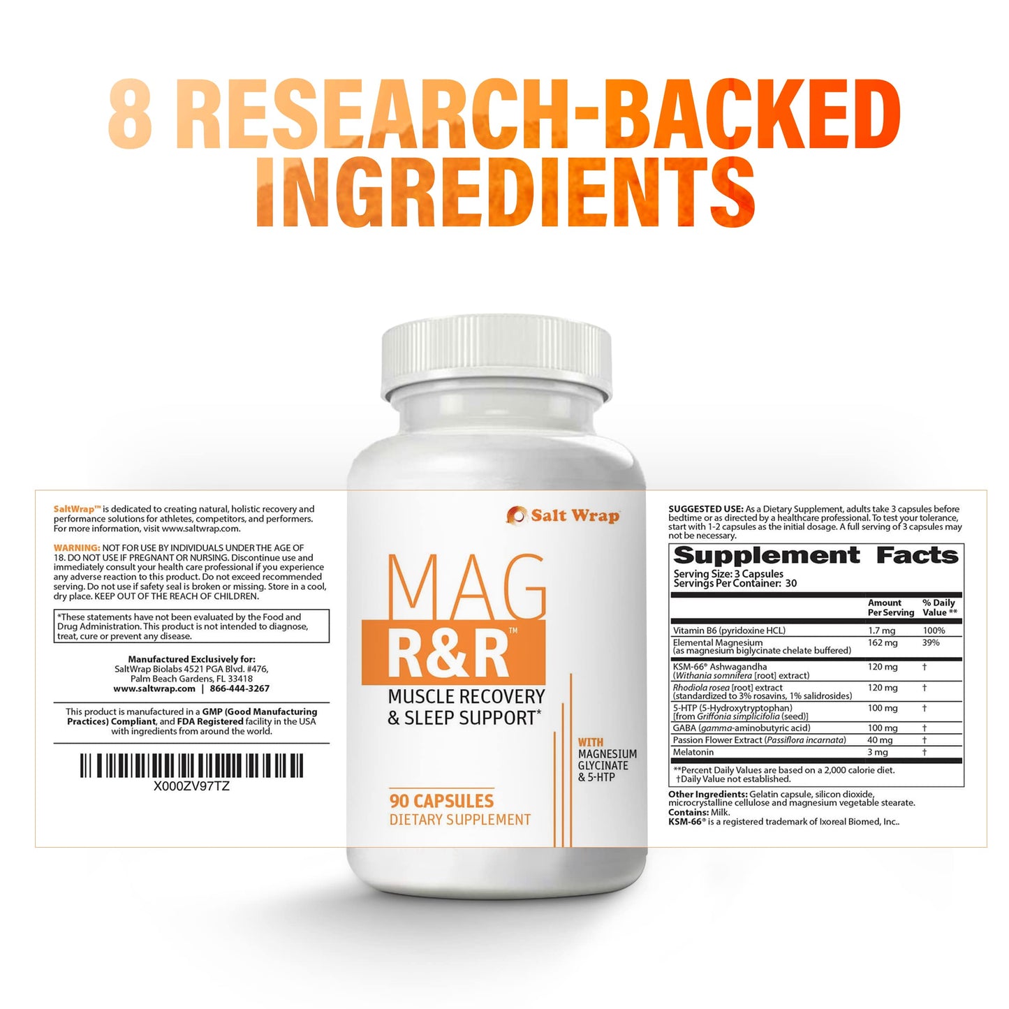 SaltWrap Mag R&R - Nighttime Muscle Cramps Support, Natural Sleep Support for Adults with Magnesium Glycinate for Muscle Spasm and Leg Cramps Relief, 90 Capsules
