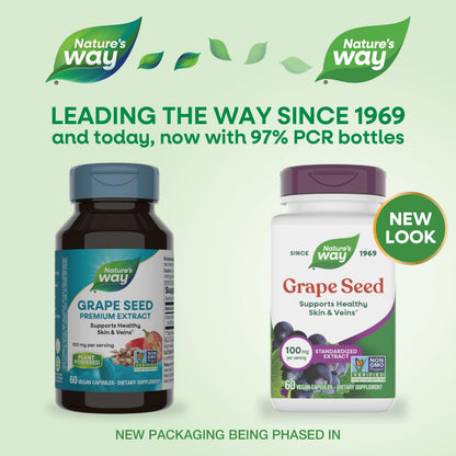Nature's Way Grape Seed Standardized Extract, Supports Healthy Skin and Veins*, Antioxidant Support*, Non-GMO Project Verified, 60 Vegan Capsules (Packaging May Vary)