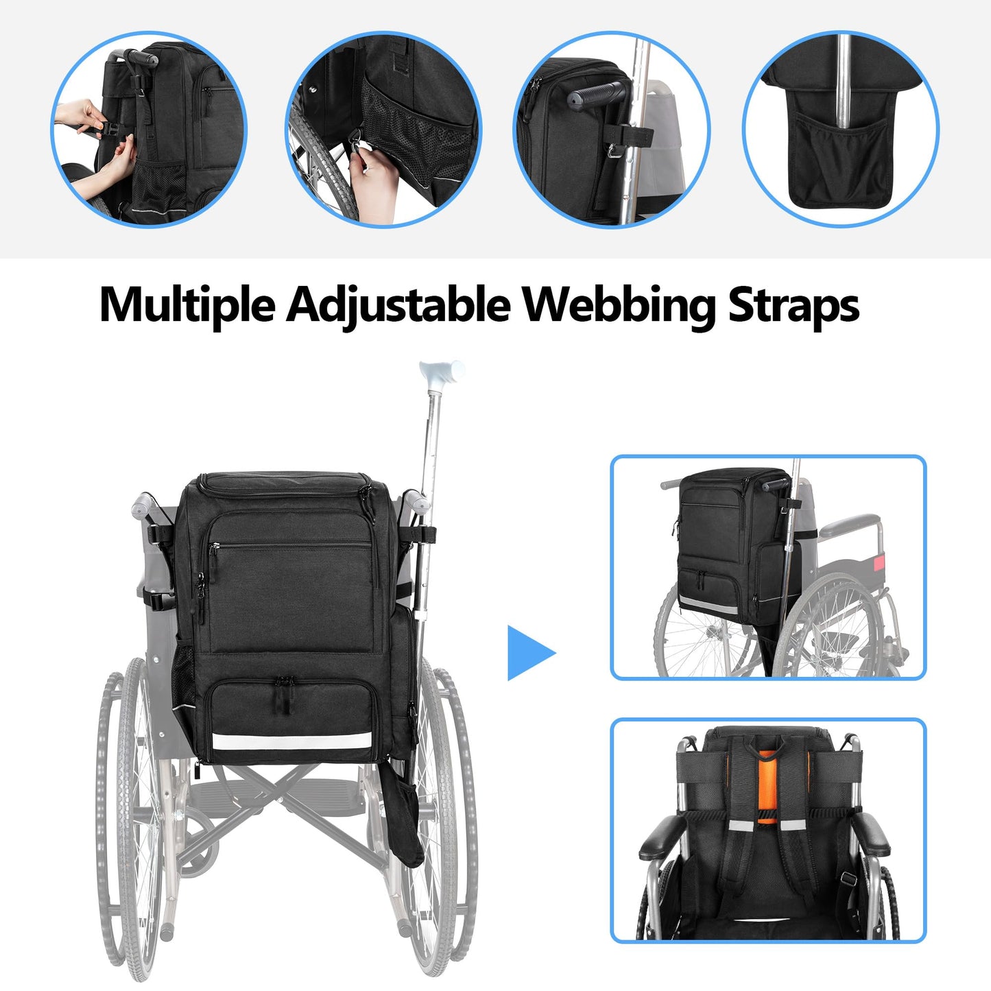 SAMDEW Wheelchair Backpack, Wheelchair Bag to Hang on Back, with Thermal Insulation Pockets for Medicine & Lunch Box, Functional Wheelchair Accessories with Crutches Pockets, Bag Only, Patented Design