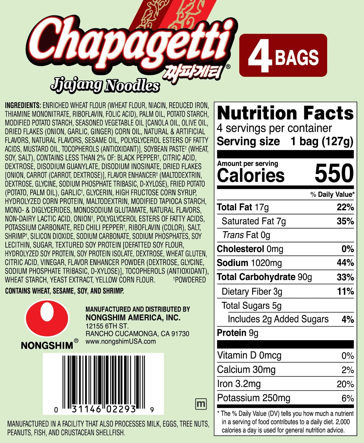 Nongshim Ramen Noodles, Gourmet Instant Ramen, Premium Microwavable Noodle, Chapagetti, 4.5 Ounce (Pack of 4)
