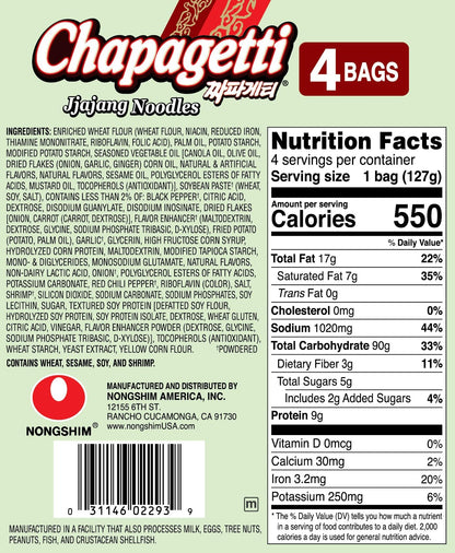 Nongshim Ramen Noodles, Gourmet Instant Ramen, Premium Microwavable Noodle, Chapagetti, 4.5 Ounce (Pack of 4)