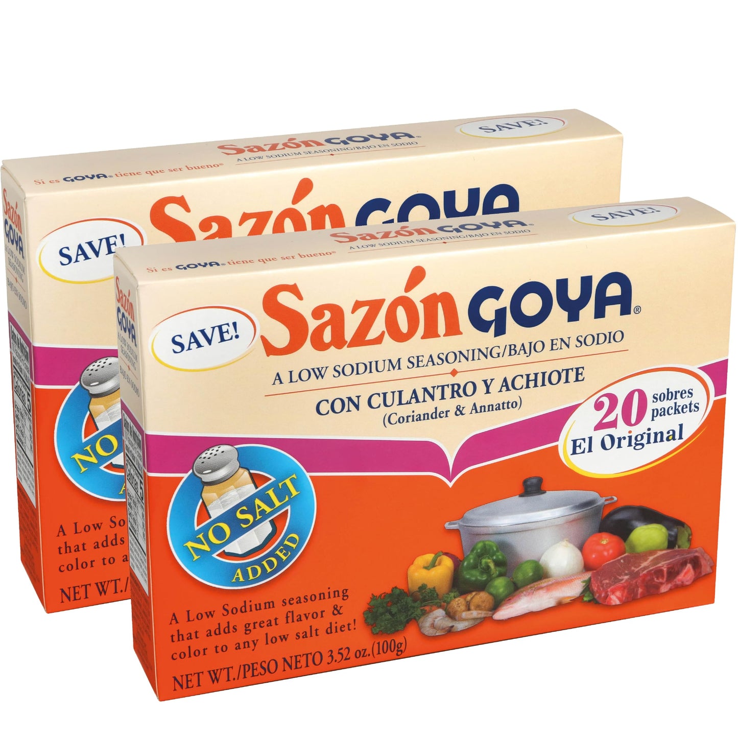 Sazón with Coriander & Annatto by Goya, Spices and Seasonings for Poultry, Seafood, Meat and Vegetables, All Purpose Mexican Seasoning, Pack of 2, 3.52 oz Cartons
