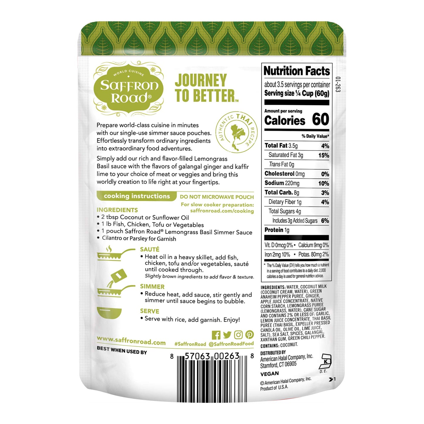 Saffron Road Lemongrass Basil Simmer Sauce | Globally Inspired Simmer Sauce | Gluten-free, Vegan, Non-GMO, and Certified Halal and Kosher | 7.0oz Pouch | Pack of 8