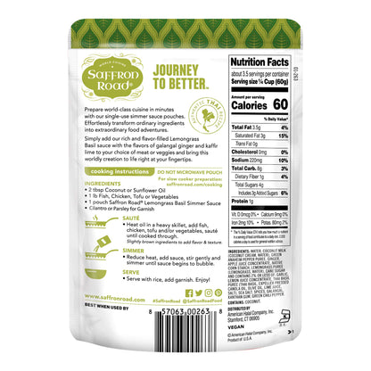 Saffron Road Lemongrass Basil Simmer Sauce | Globally Inspired Simmer Sauce | Gluten-free, Vegan, Non-GMO, and Certified Halal and Kosher | 7.0oz Pouch | Pack of 8