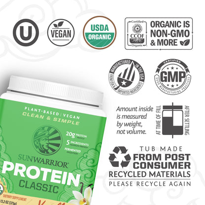 SUNWARRIOR Organic Classic Vanilla Protein, 375 GR