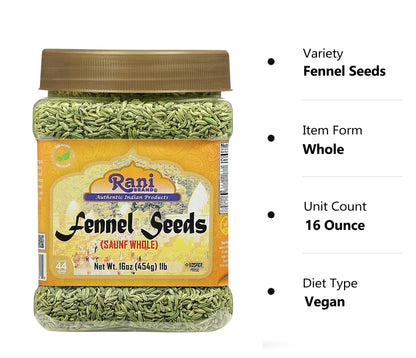 Rani Fennel Seeds (Saunf Sabut) Whole Spice 16oz (1lb) 454g PET Jar ~ All Natural | Gluten Friendly | NON-GMO | Kosher | Vegan | Indian Origin