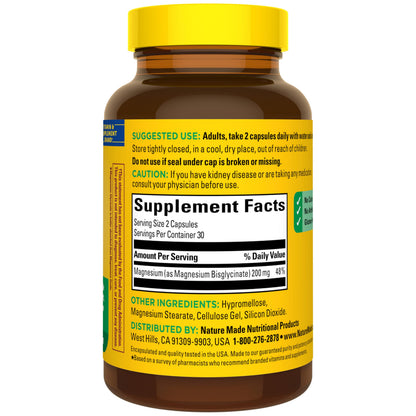 Nature Made Magnesium Glycinate 200 mg per Serving, Magnesium Supplement for Muscle, Heart, Nerve and Bone Support, 60 Magnesium Bisglycinate Capsules, 30 Day Supply