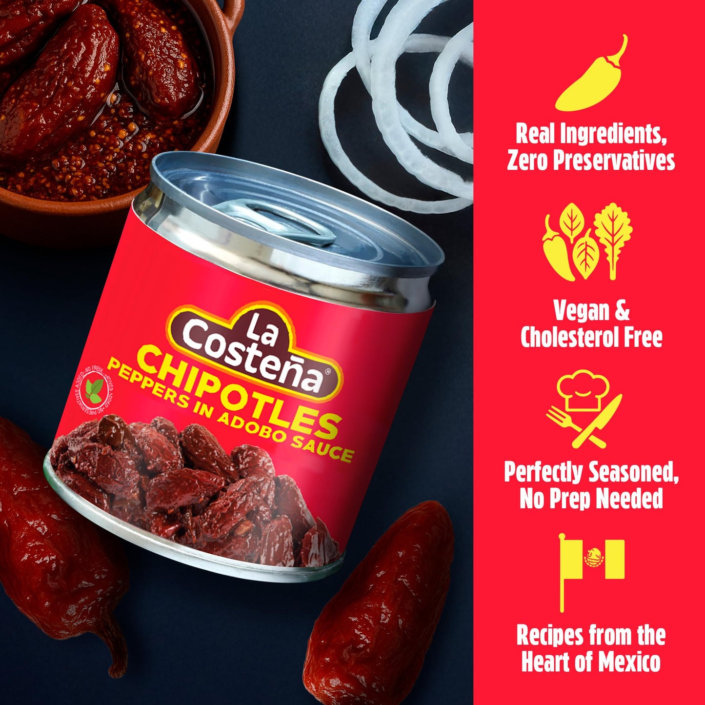 La Costeña Chipotle Peppers in Adobo Sauce - Smoked Spicy Peppers Chipotle in Adobo Sauce - Mexican Food, Taco, Enchiladas & Salsa - Hot Pickled Vegetables - 7 oz, 24 Pack Canned Vegetables