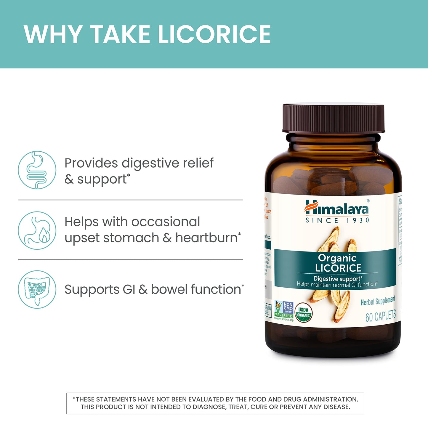 Himalaya Organic Licorice, 60 Day Supply - Digestive Health Supplement for Upset Stomach Relief and Occasional Bloating and Heartburn - USDA Organic, Vegan, Non-GMO, Non-DGL, Gluten Free, 60 Caplets