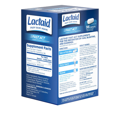 Lactaid Fast Act Lactose Intolerance Caplets with Lactase Enzyme, Dairy Relief from Gas, Bloating & Diarrhea, 9000 FCC Lactose Intolerance Pills, 96 Individual Travel On-The-Go Packs (96 x 1 ct)