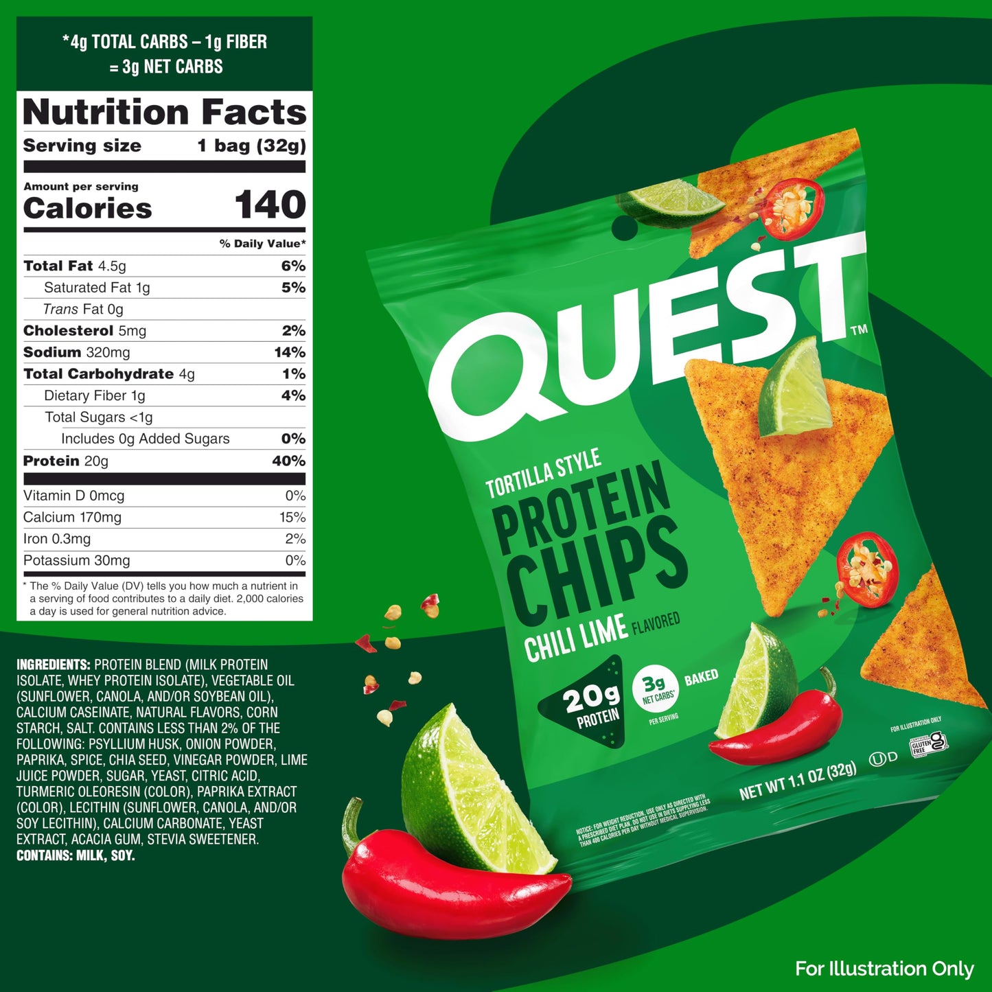 Quest Nutrition Chili Lime Tortilla Style Protein Chips, 20g Protein, 3g Net Carbs, Low Carb, Gluten Free, 1.1 oz (Pack of 12)
