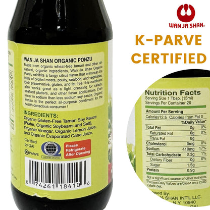 Wan Ja Shan Oragnic Ponzu, Citrus Seasoned Soy Sauce & Dressing. USDA Certified Organic, Gluten Free, Kosher Certified, Handcarfted and Brewed in New York Great for Meat, Seafood, and Vegetables.10 oz (Pack of 2)