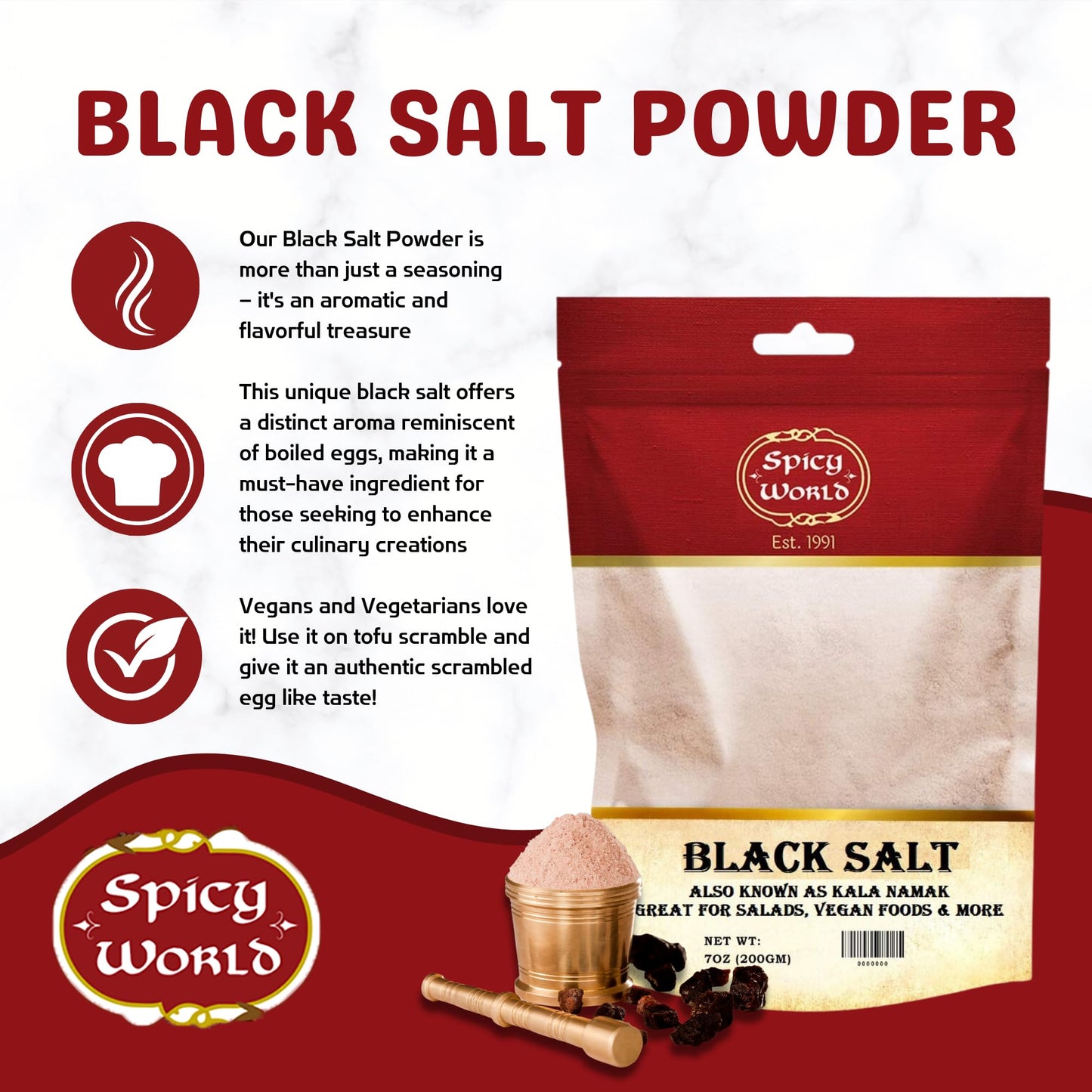 Spicy World Black Salt Powder (Kala Namak Mineral) 7 Oz - Vegan, Pure, Unrefined, Non-GMO & Natural - Perfect for Tofu Scramble, Egg Taste