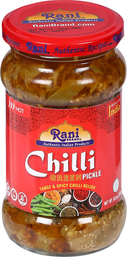 Rani Green Chilli Pickle Hot (Achar, Spicy Indian Relish) 10.5oz (300g) Glass Jar ~ Vegan | Gluten Free | NON-GMO | Kosher | No Colors | Popular Indian Condiment, Indian Origin