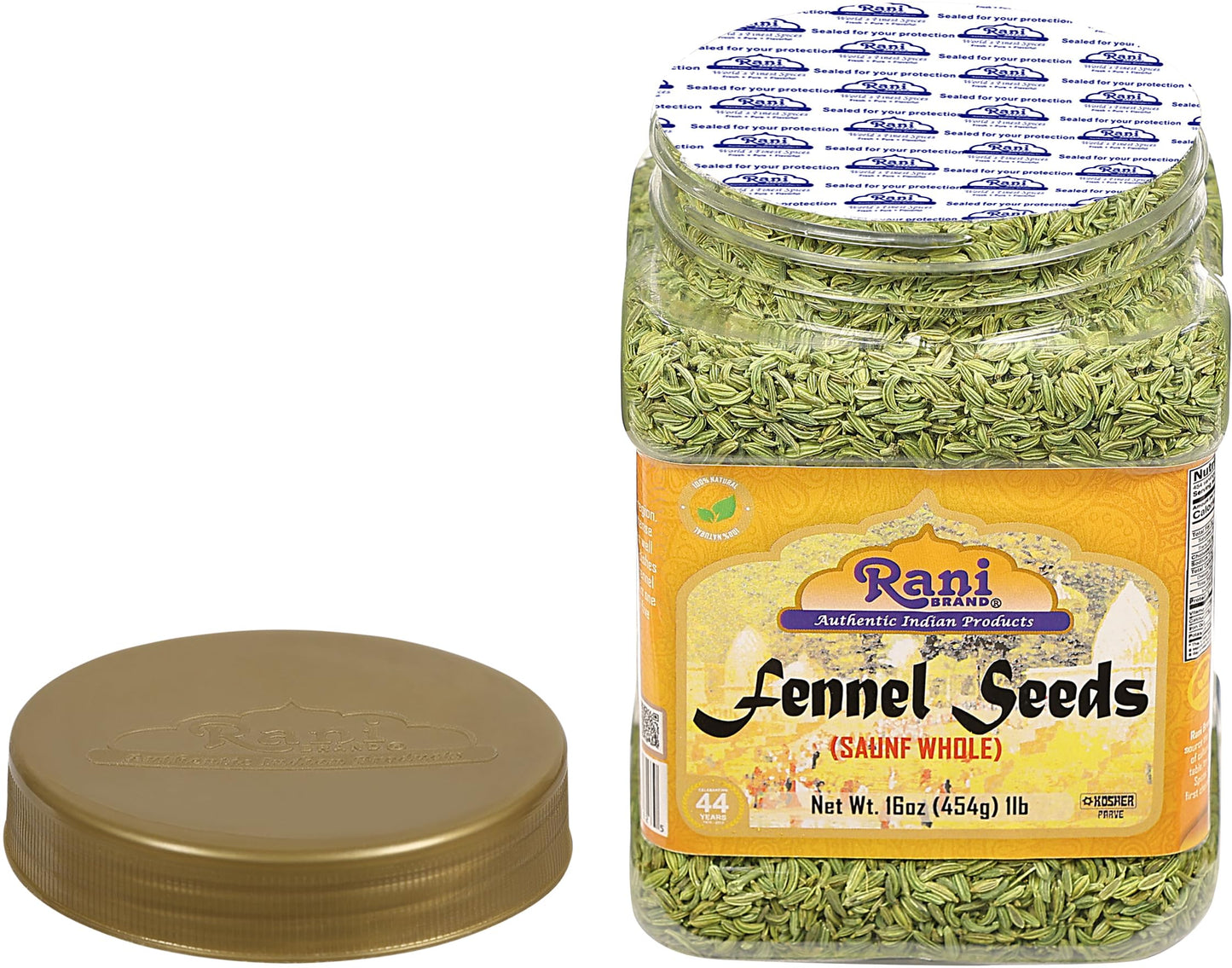 Rani Fennel Seeds (Saunf Sabut) Whole Spice 16oz (1lb) 454g PET Jar ~ All Natural | Gluten Friendly | NON-GMO | Kosher | Vegan | Indian Origin