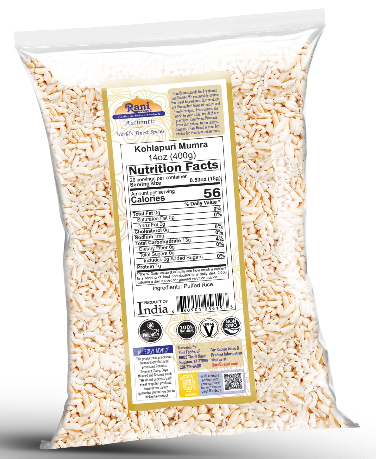 Rani Kohlapuri Mumra (Puffed Rice) 14oz (400g) ~ All Natural | No Color | Gluten Friendly | Vegan | NON-GMO | Kosher | No Salt or fillers | Indian Origin