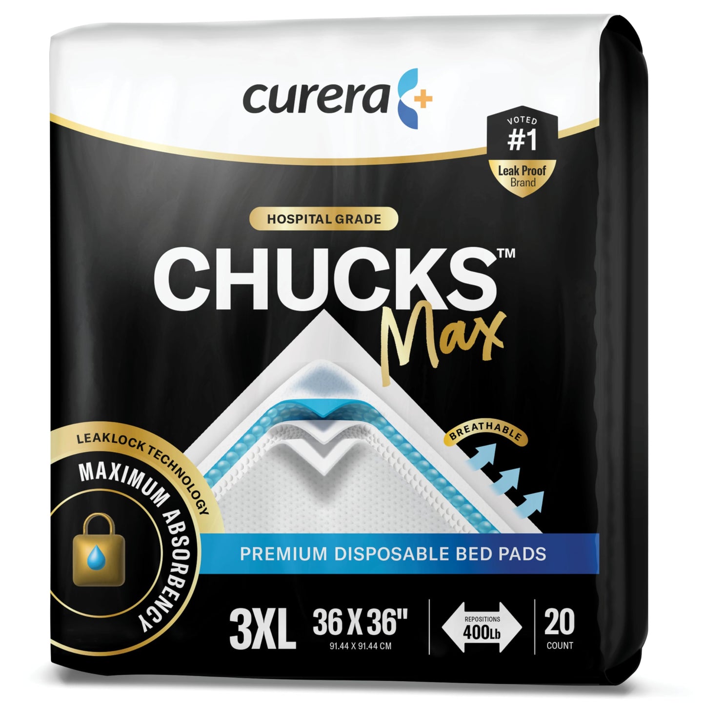 Chucks® MAX Hospital Bed Pads Disposable Adult 36 x 36 Breathable Incontinence Pads - XXX-Large Pee Pads for Adults - Heavy Duty 10X Absorbency Underpads - 400 Lbs. Patient Repositioning