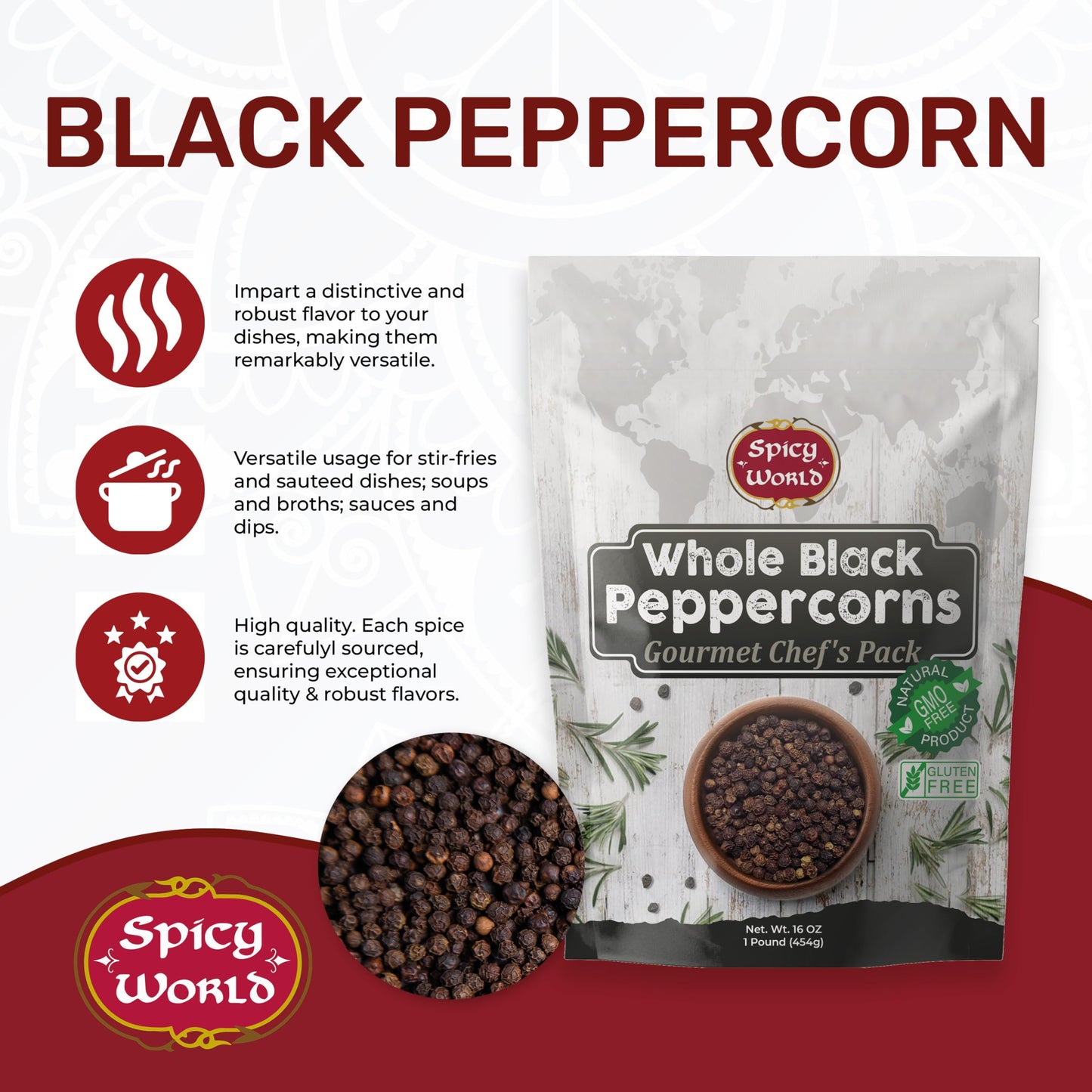 Spicy World Black Peppercorns Whole 16 Ounce - As Seen On Tik Tok - Non-GMO, Steam Sterilized Whole Peppercorns for Grinder Refill