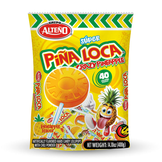 Alteño (Alteno) Super Piña Loca Pineapple Chili Lollipops, Mexican Style Spicy Hard Candy, Individually Wrapped, 40 Count