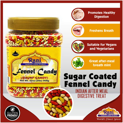 Rani Sugar Coated Fennel Candy 2lbs (32oz) 908g Bulk, PET Jar ~ Indian After Meal Digestive Treat | Vegan | Gluten Friendly | NON-GMO | Indian Origin