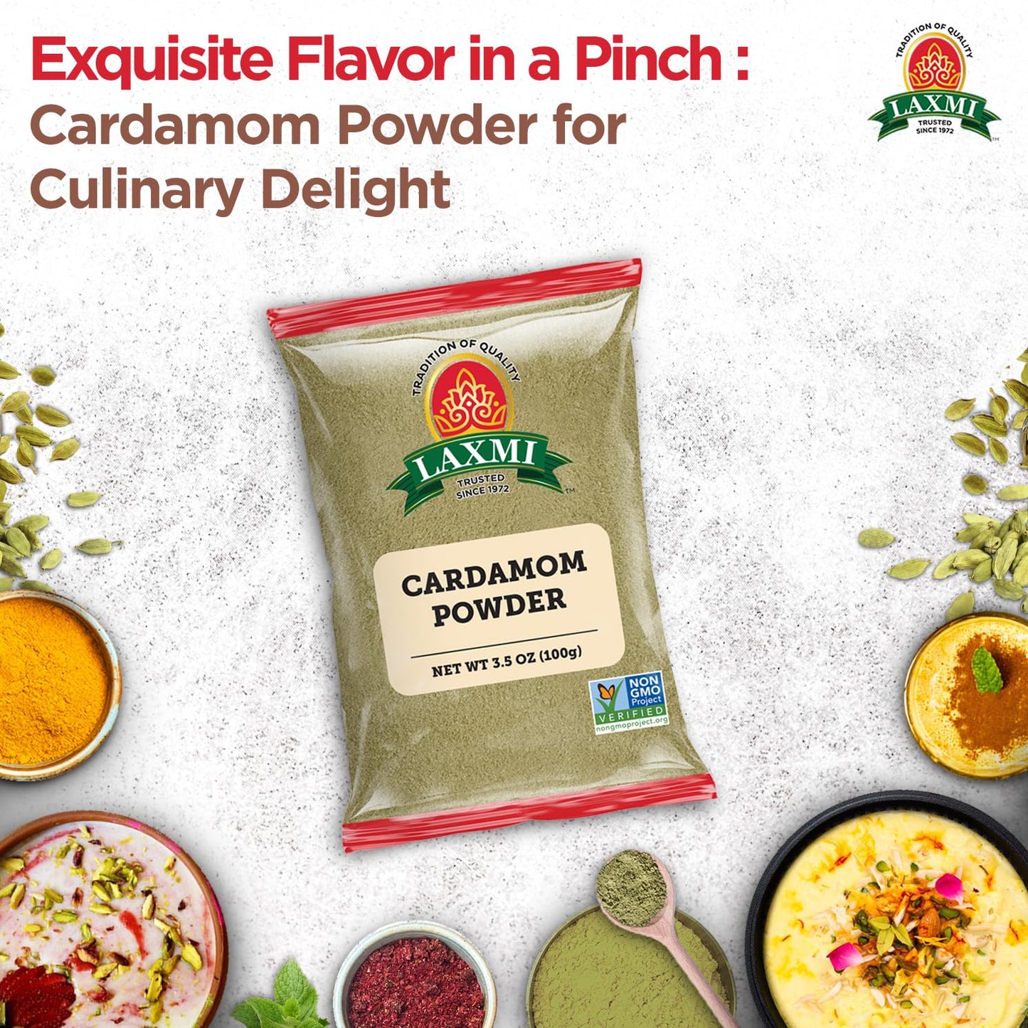 Laxmi Ground Cardamom Powder, Traditional Indian Cooking Spices - 3.5oz