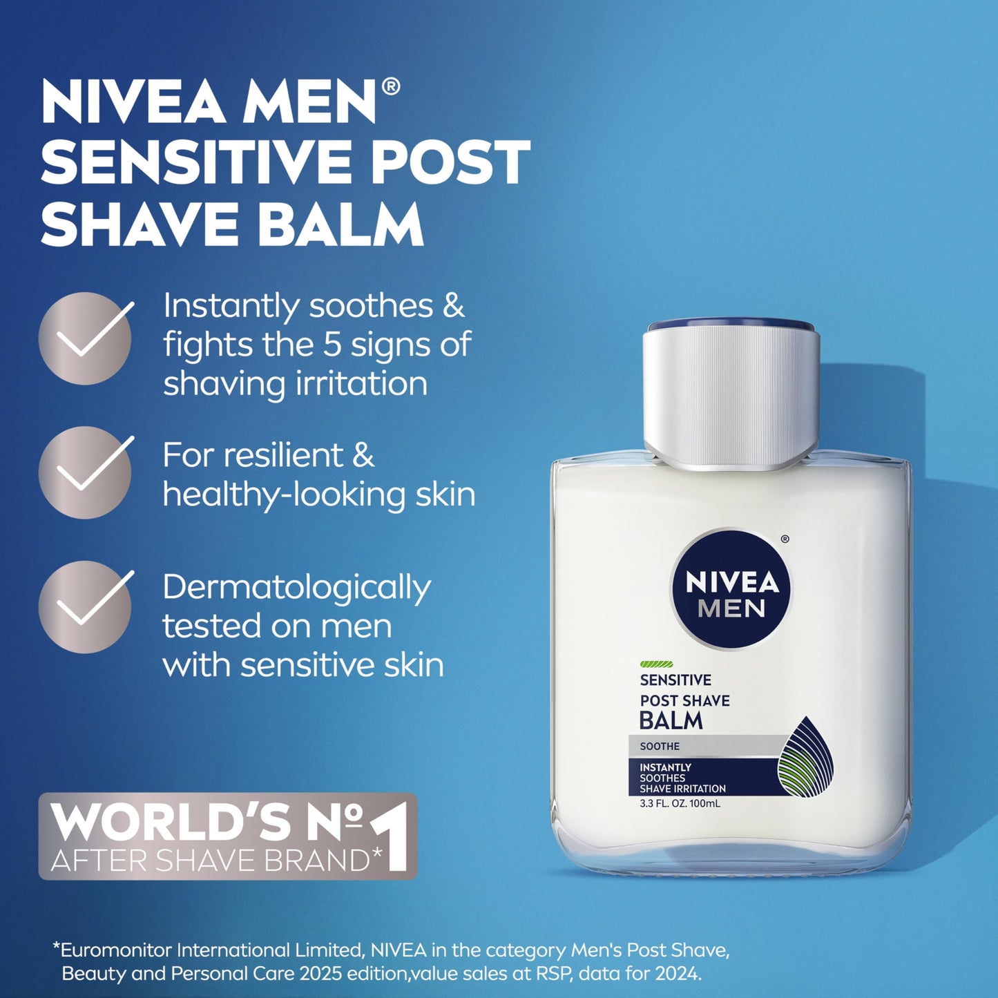 NIVEA MEN Sensitive Post Shave Balm, with VitaminPro Complex, Alcohol Free After Shave Balm for Men, 3.3 Fl Oz Bottle, Pack of 3